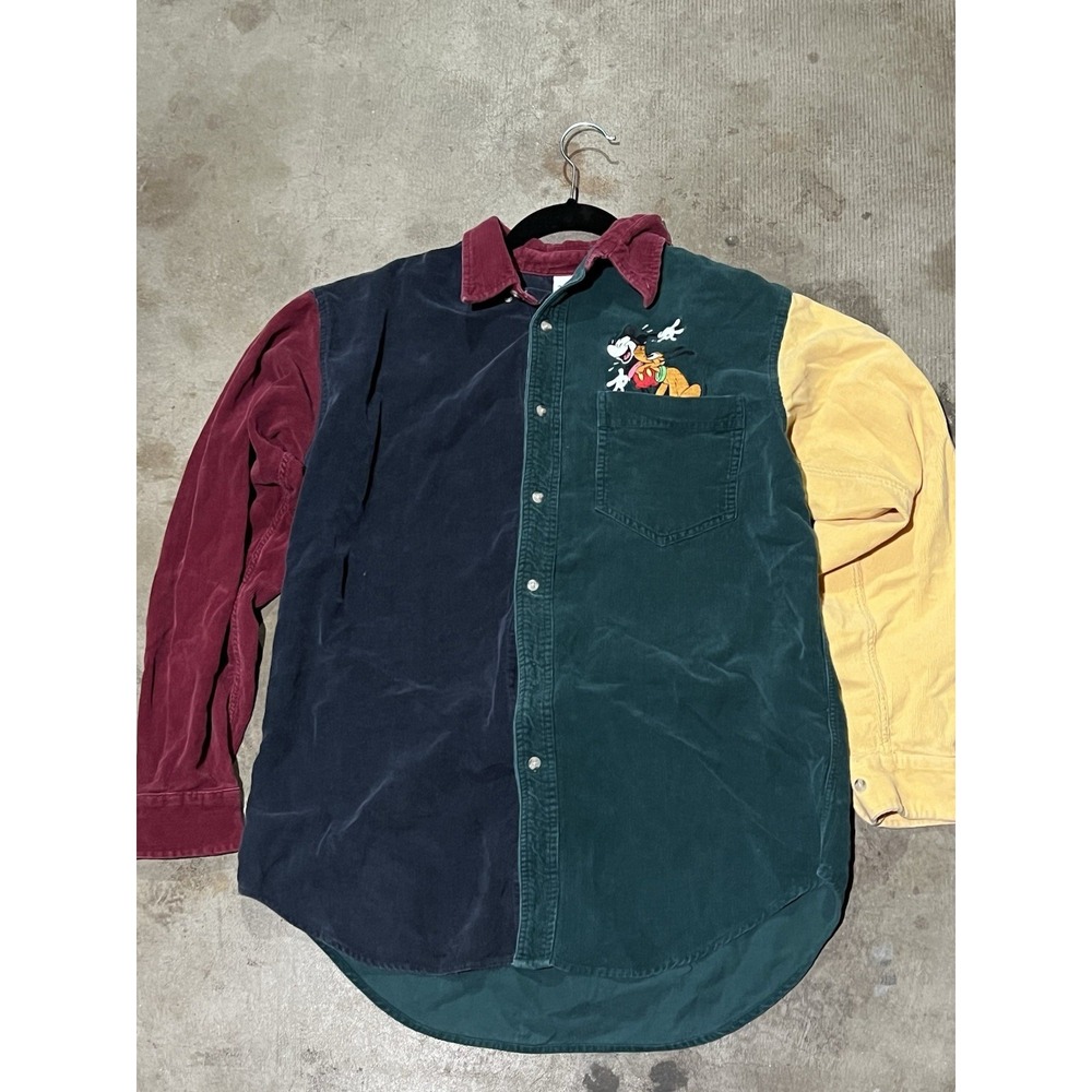 Vintage 90s Disney Store Mickey & Pluto Colorblock Corduroy Shirt Hong Kong M